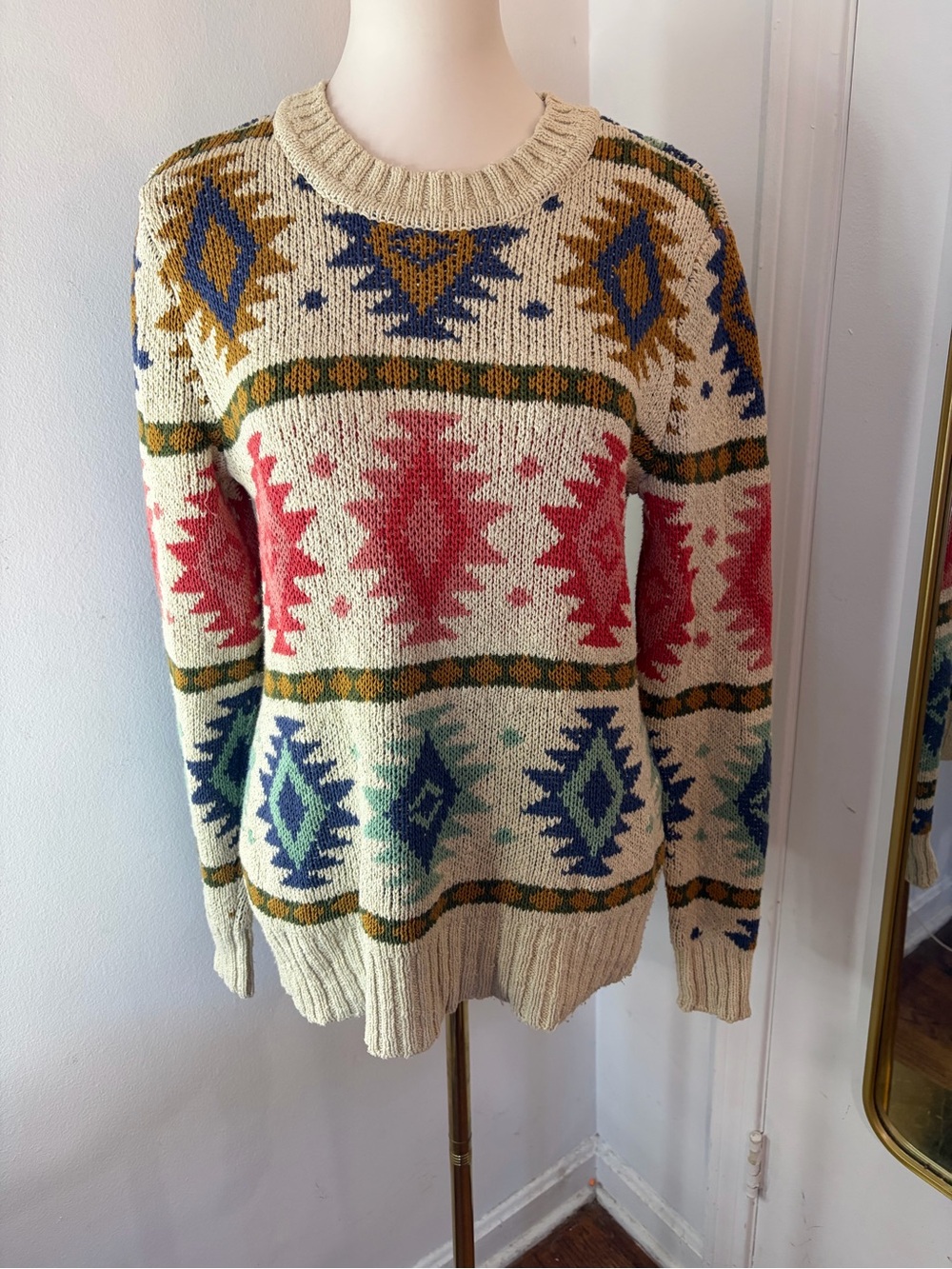 Vintage L.L. Bean Aztec Cream Crewneck Sweater with Coral, Blue & Olive Motifs